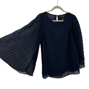 MM Couture Pleated Flare Sleeve Top size Medium Navy Blue Chiffon Plisse Y2K